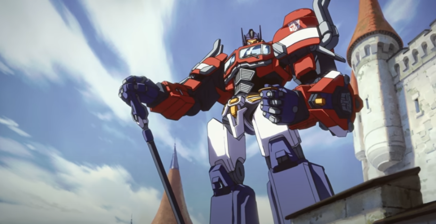 Overwatch 2 hero Reinhardt in an Optimus Prime skin -- in an anime-style trailer -- leaning on his axe and gazing at a coin in his hand
